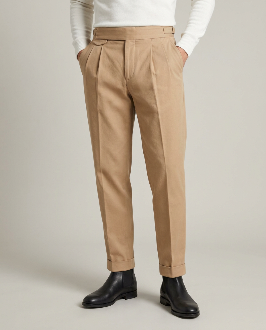 Men's Khaki Gurkha Pants – High-Waisted Pleated Gurkha with Side-Buckle Tabs | Tessimo