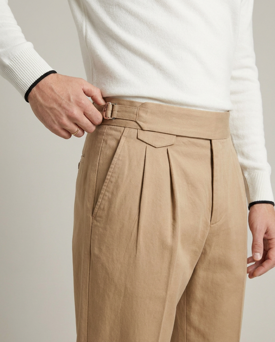 Men's Khaki Gurkha Pants – High-Waisted Pleated Gurkha with Side-Buckle Tabs | Tessimo