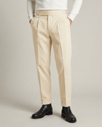 Men's Cream Gurkha Trousers – High-Waisted Pleated Chino with Side-Buckle Tabs | Tessimo