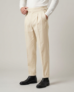 Men's Cream Gurkha Trousers – High-Waisted Pleated Chino with Side-Buckle Tabs | Tessimo