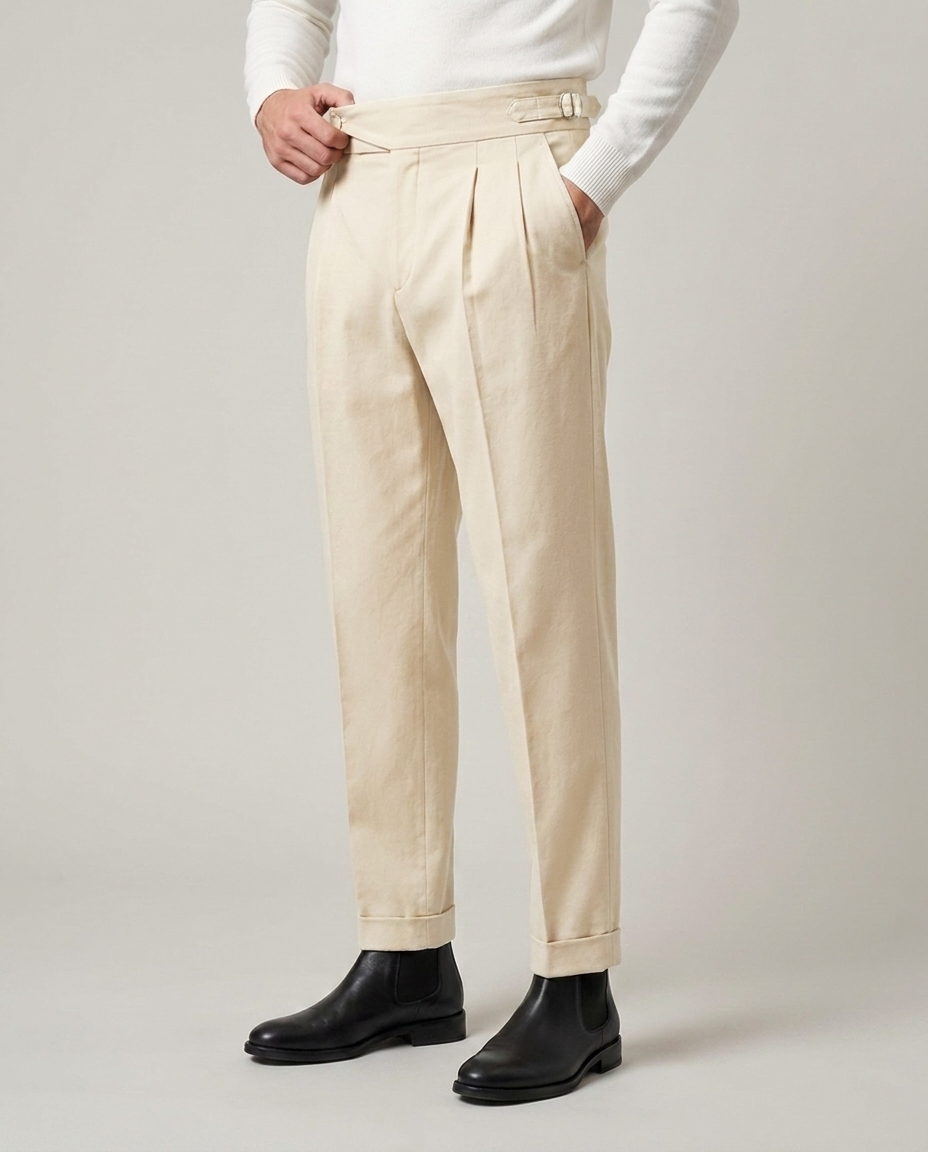 Men's Cream Gurkha Trousers – High-Waisted Pleated Chino with Side-Buckle Tabs | Tessimo