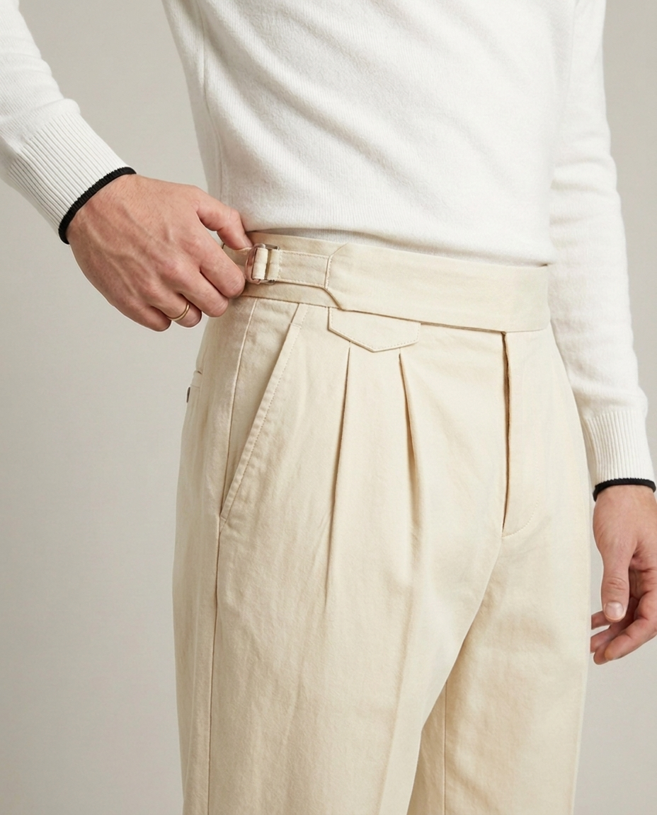 Men's Cream Gurkha Trousers – High-Waisted Pleated Chino with Side-Buckle Tabs | Tessimo