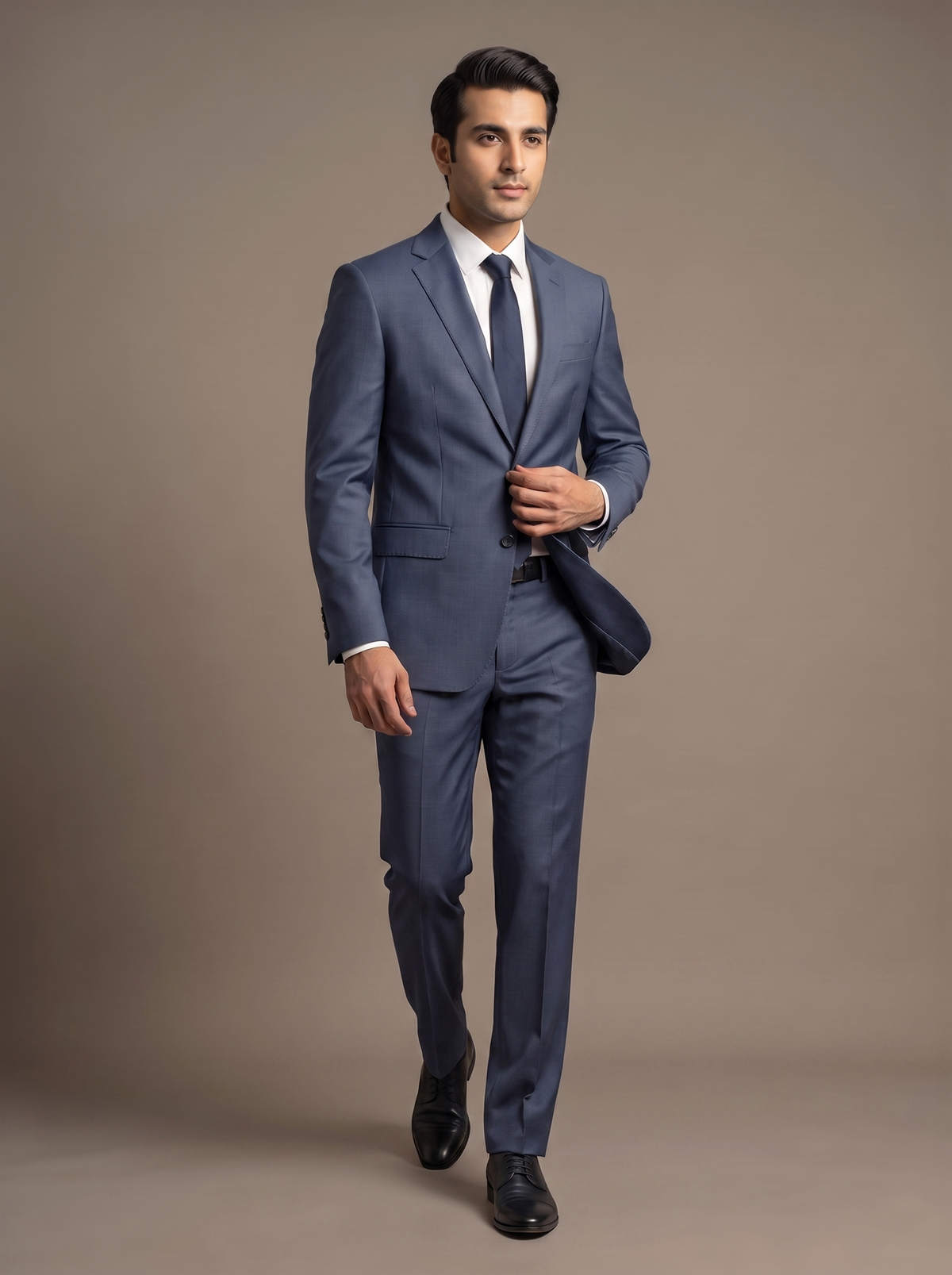 Slate Blue Twill Two-Piece Suit - walking