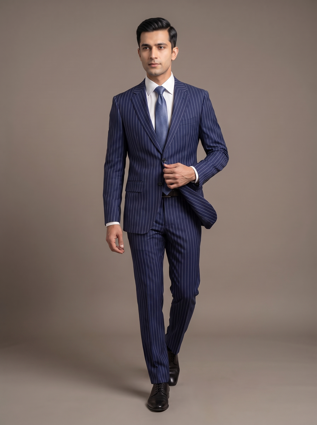 Navy Pinstripe Wool Two-Piece Suit - walking