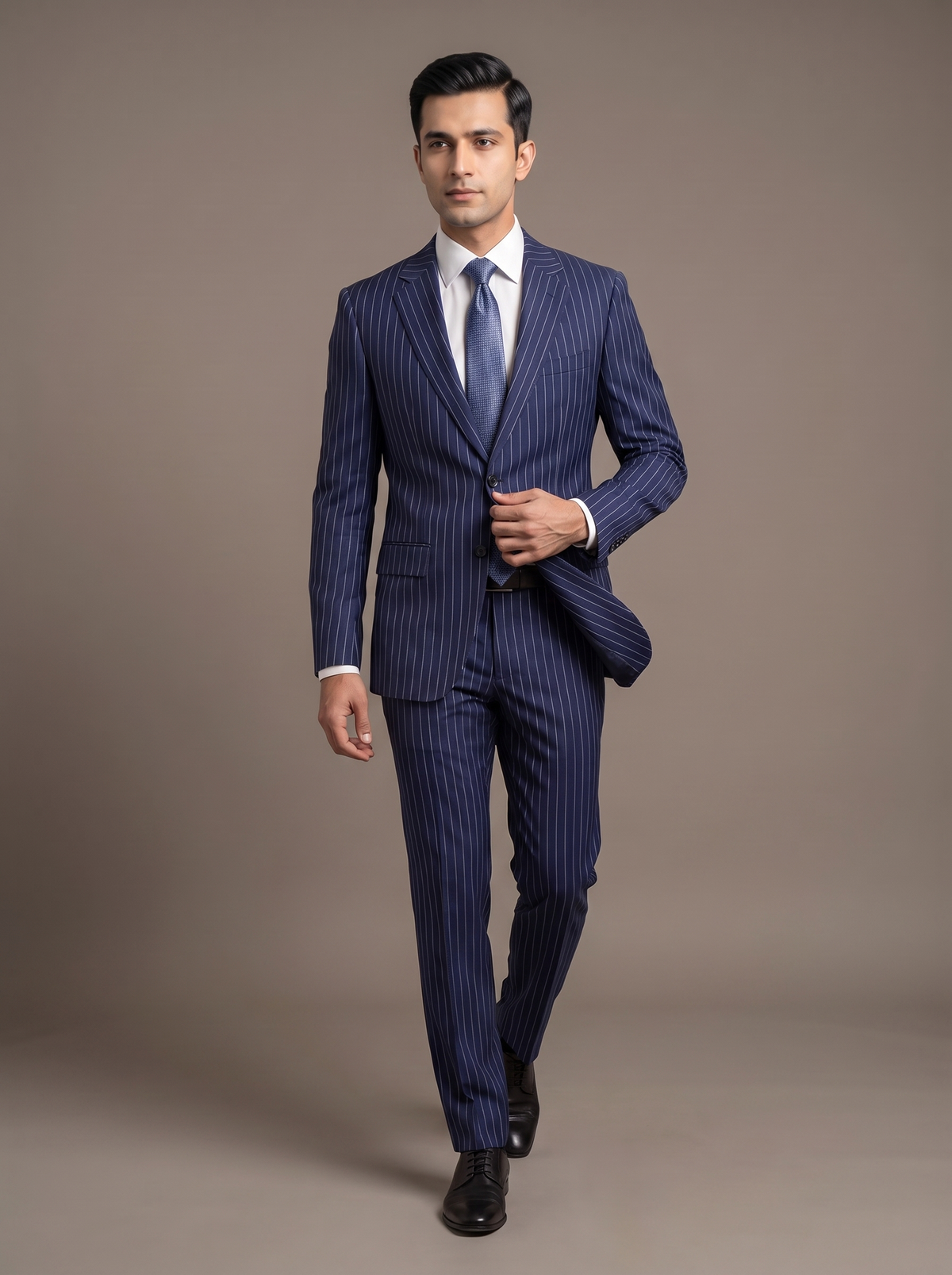Navy Pinstripe Wool Two-Piece Suit - walking