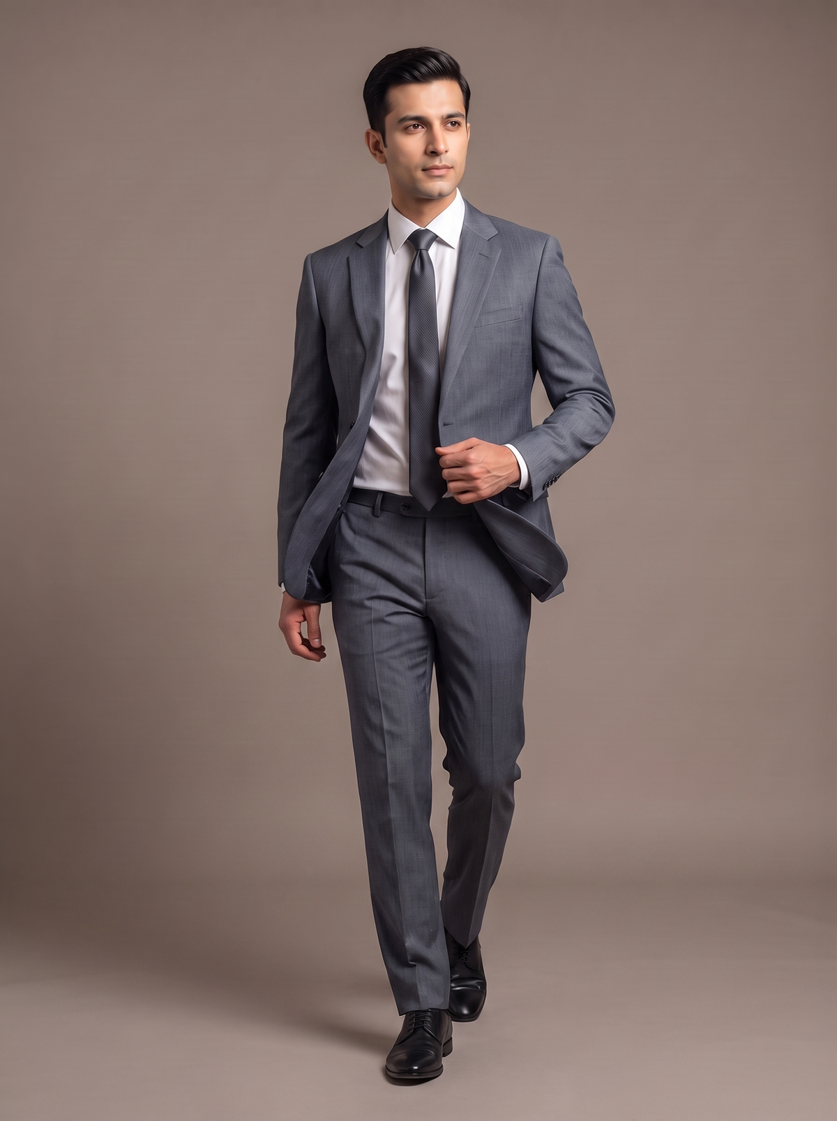 Charcoal Grey Twill Two-Piece Suit - walking