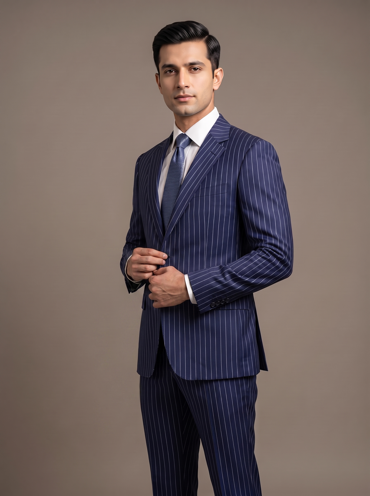 Navy Pinstripe Wool Two-Piece Suit - lapel and fabric detail closeup