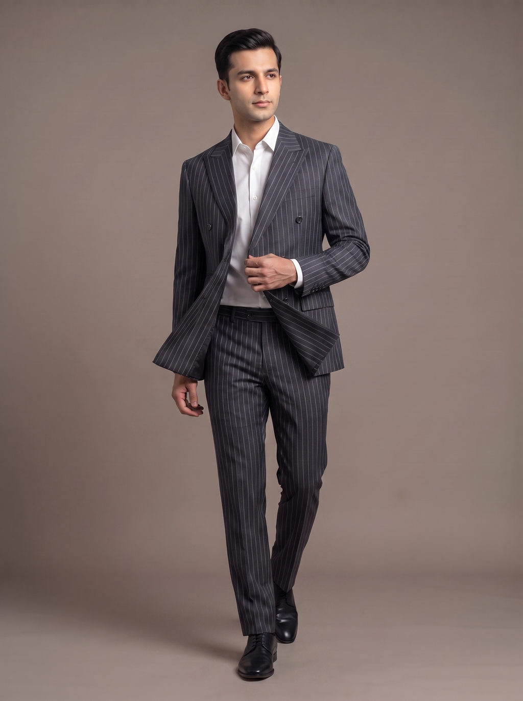 Navy Pinstripe Double-Breasted Suit - walking