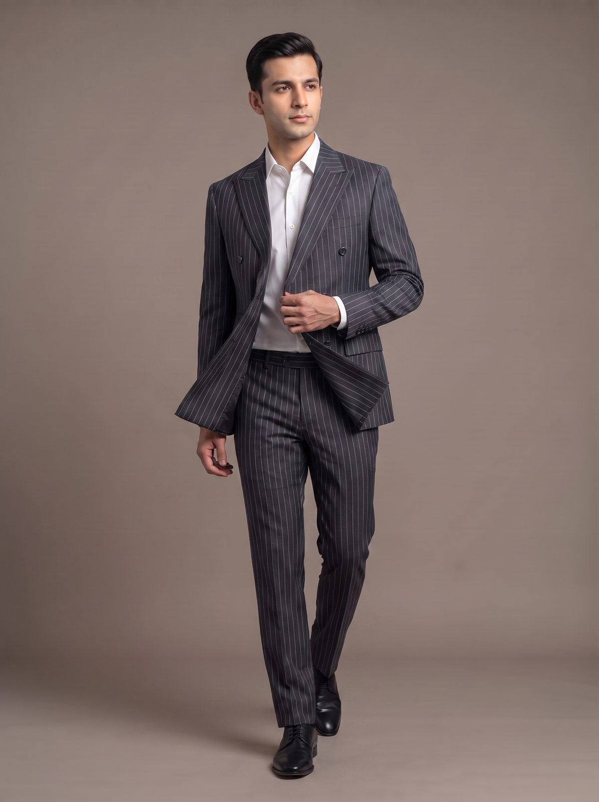 Navy Pinstripe Double-Breasted Suit - walking
