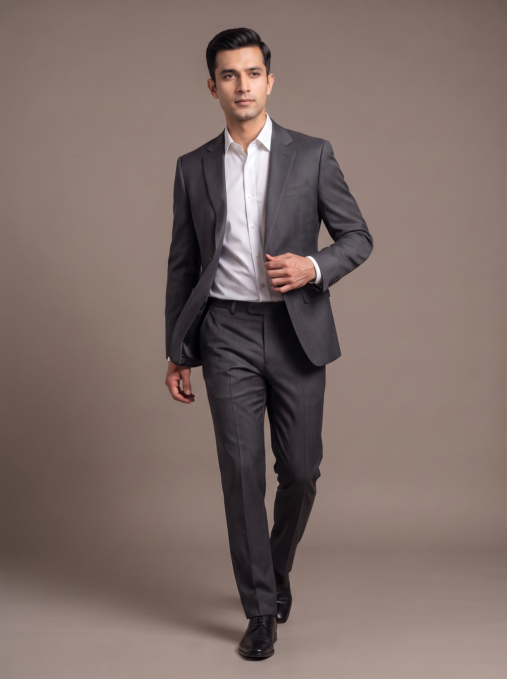 Silver Grey Satin Two-Piece Suit - walking