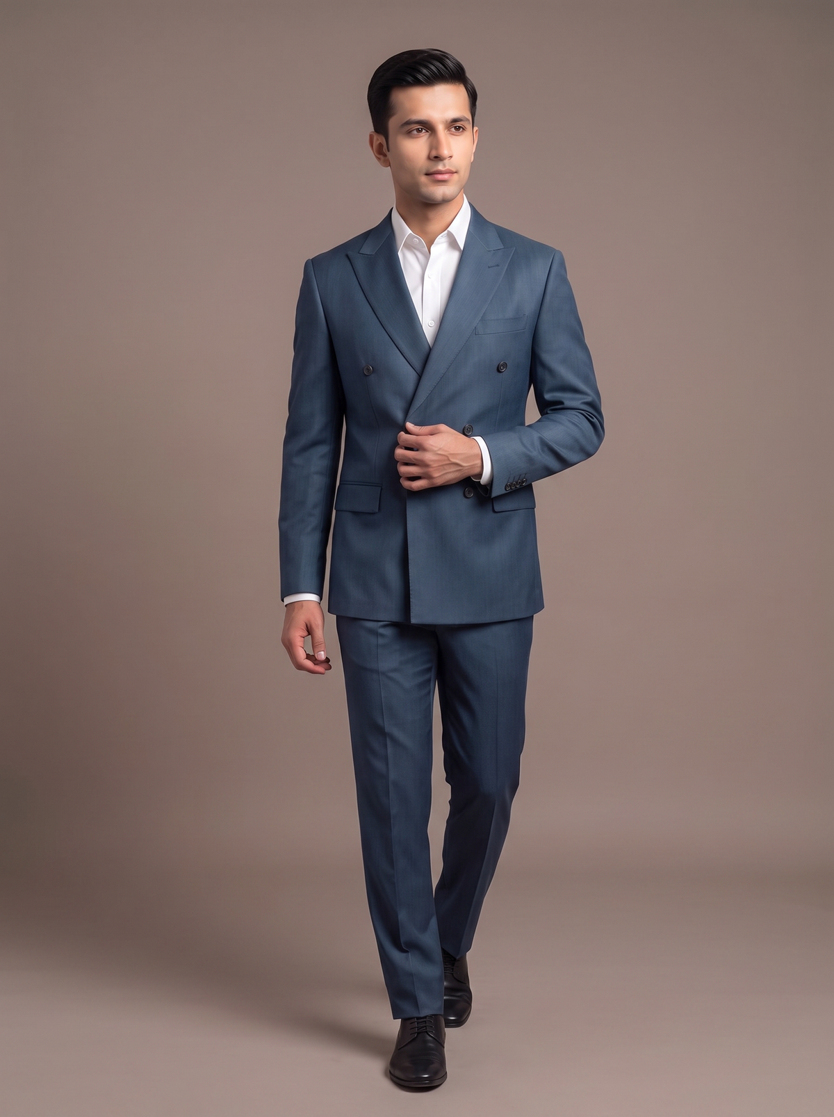 Brown Wool Double-Breasted Suit - walking