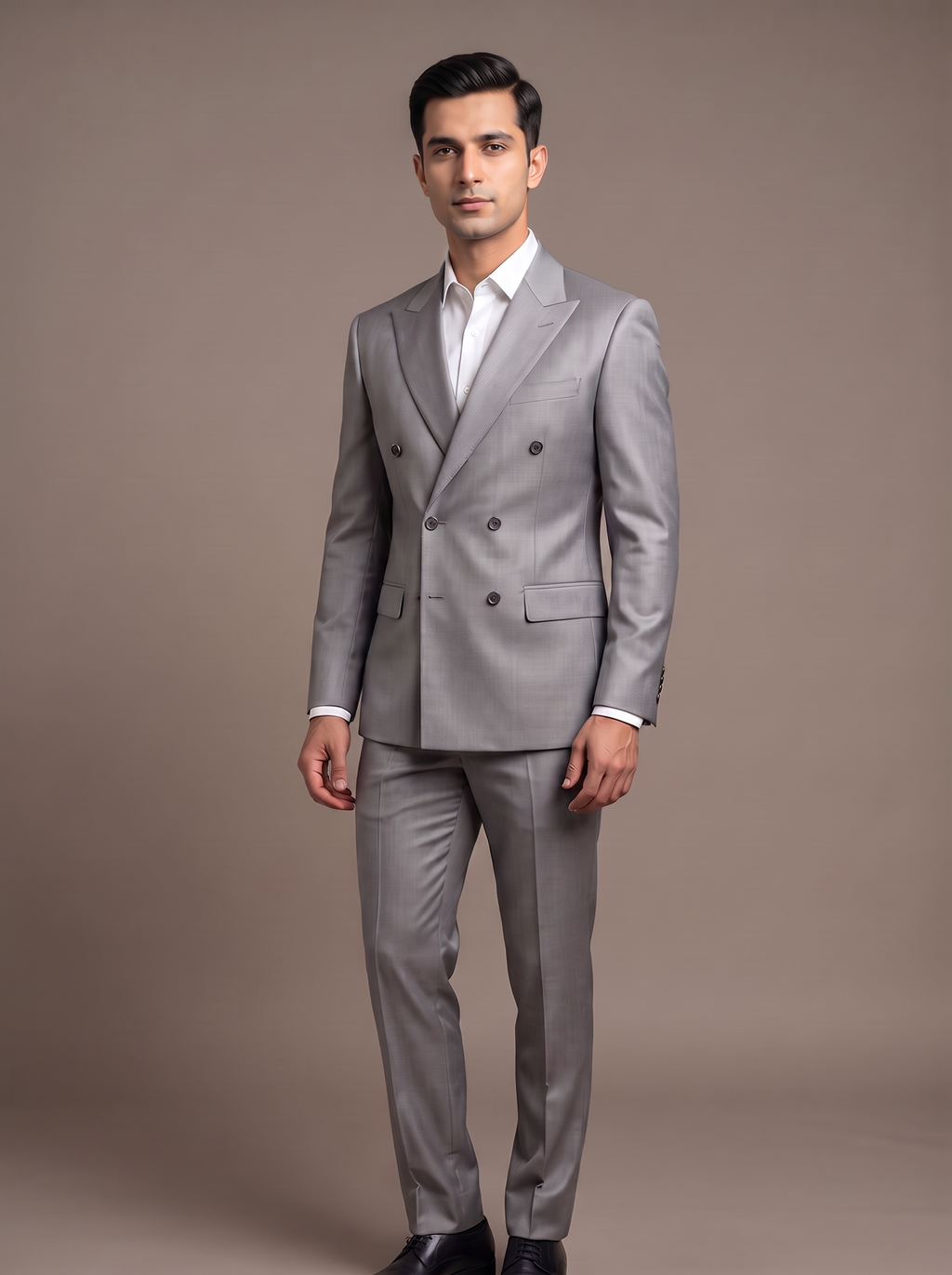 Steel Grey Satin Double-Breasted Suit - front view