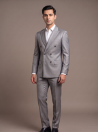 Steel Grey Satin Double-Breasted Suit - front view