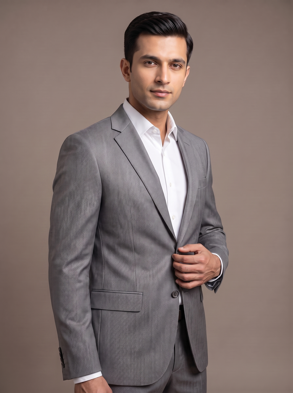 Dove Grey Satin Two-Piece Suit - fabric detail closeup