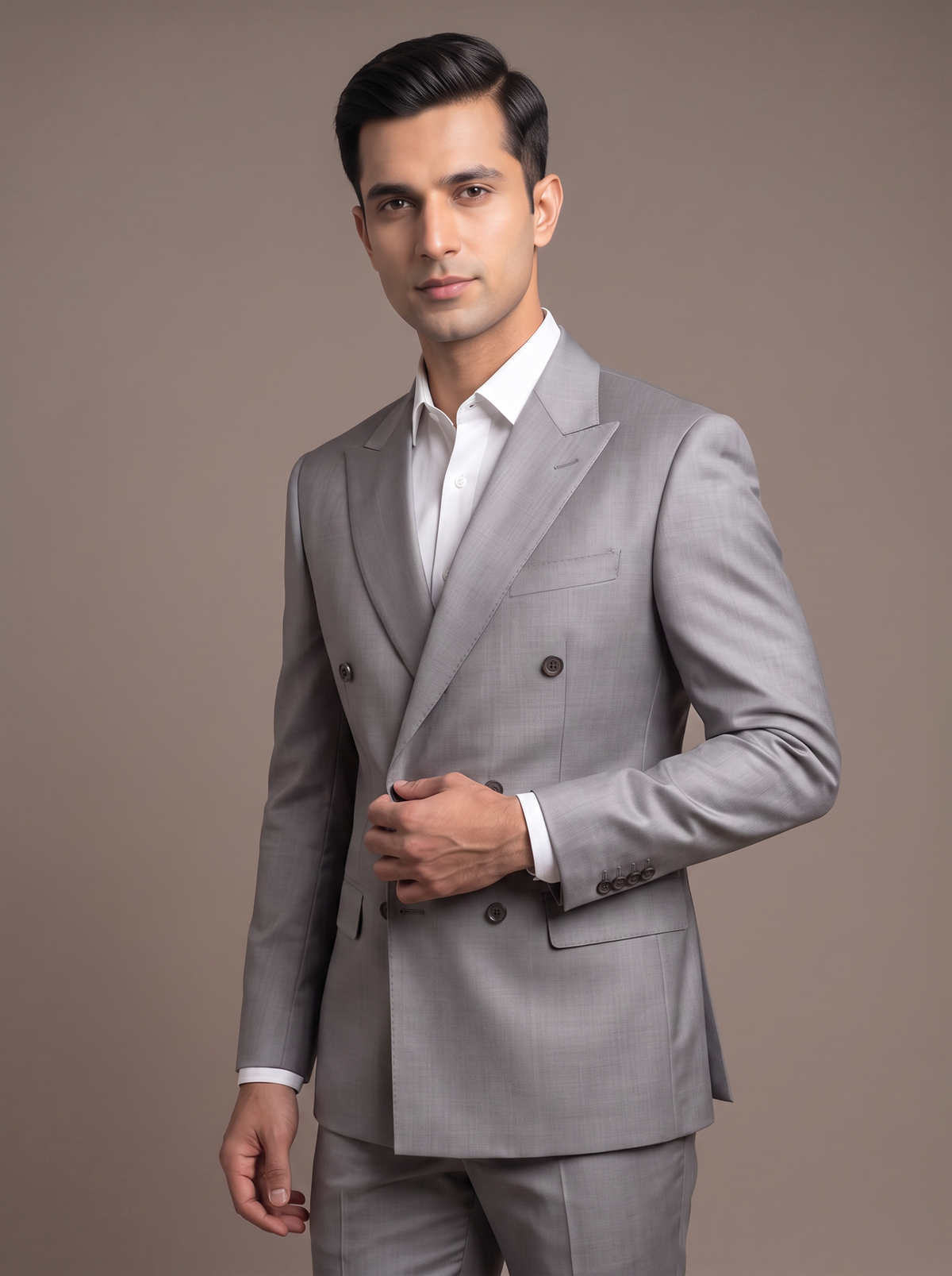 Steel Grey Satin Double-Breasted Suit - lapel detail closeup