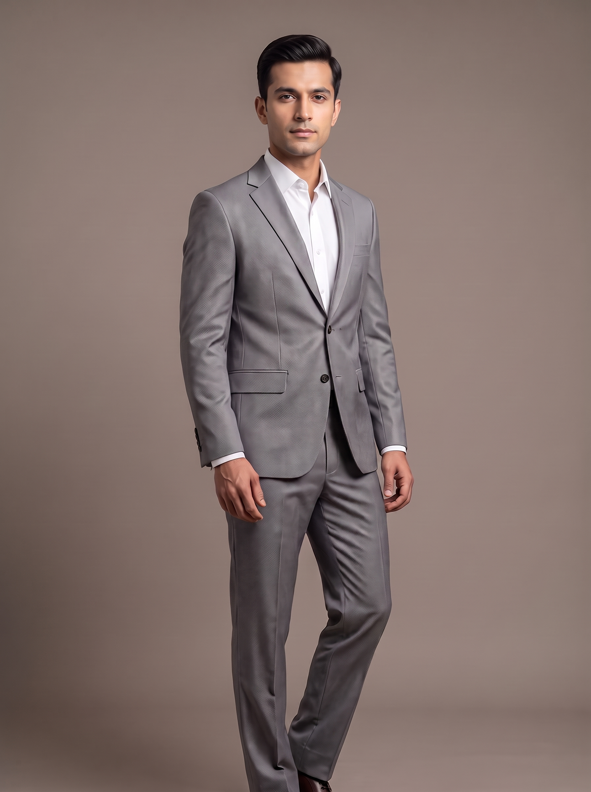Pearl Grey Satin Two-Piece Suit - front view