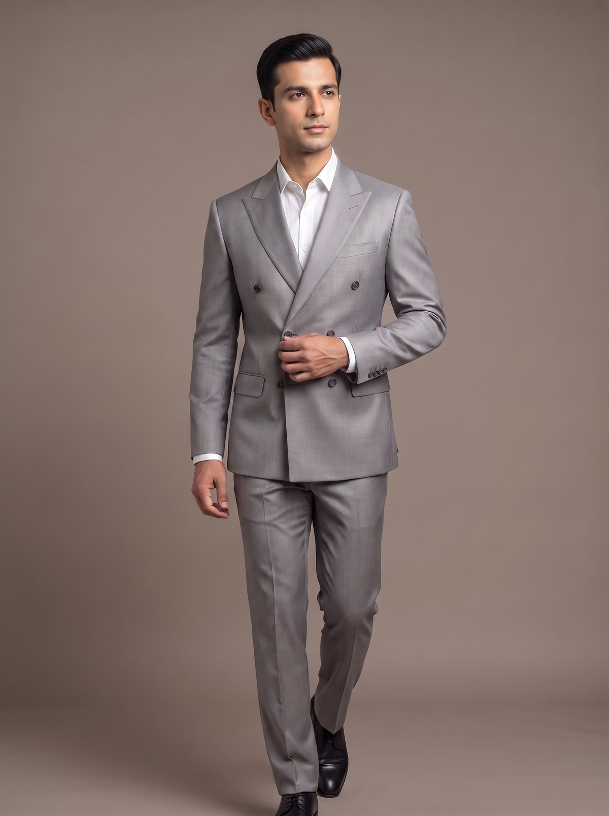 Steel Grey Satin Double-Breasted Suit - walking