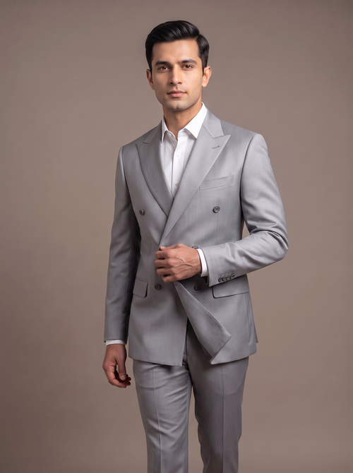 Ash Grey Satin Double-Breasted Suit - walking