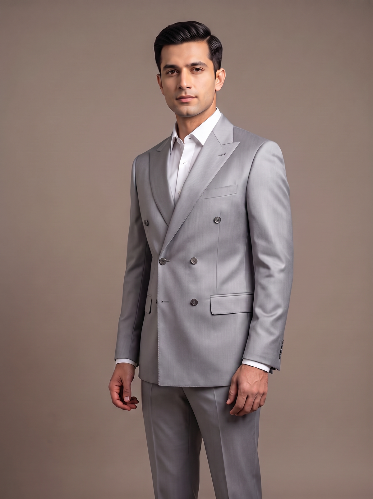 Ash Grey Satin Double-Breasted Suit - front view