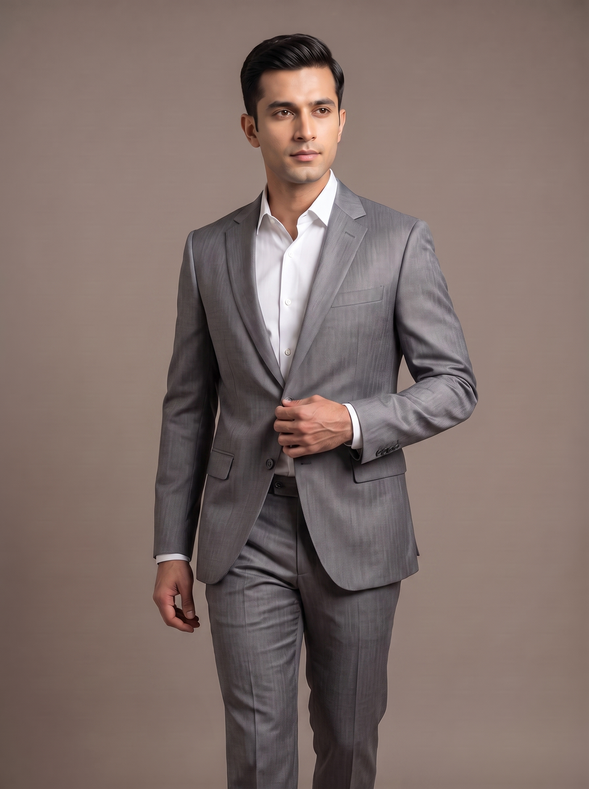 Dove Grey Satin Two-Piece Suit - walking
