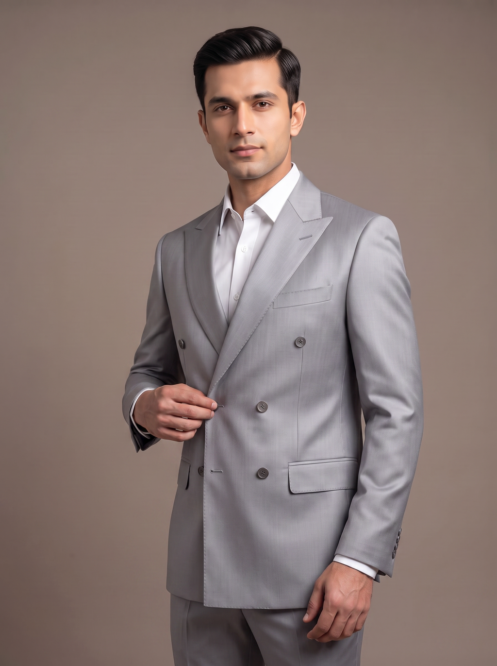 Ash Grey Satin Double-Breasted Suit - lapel detail closeup