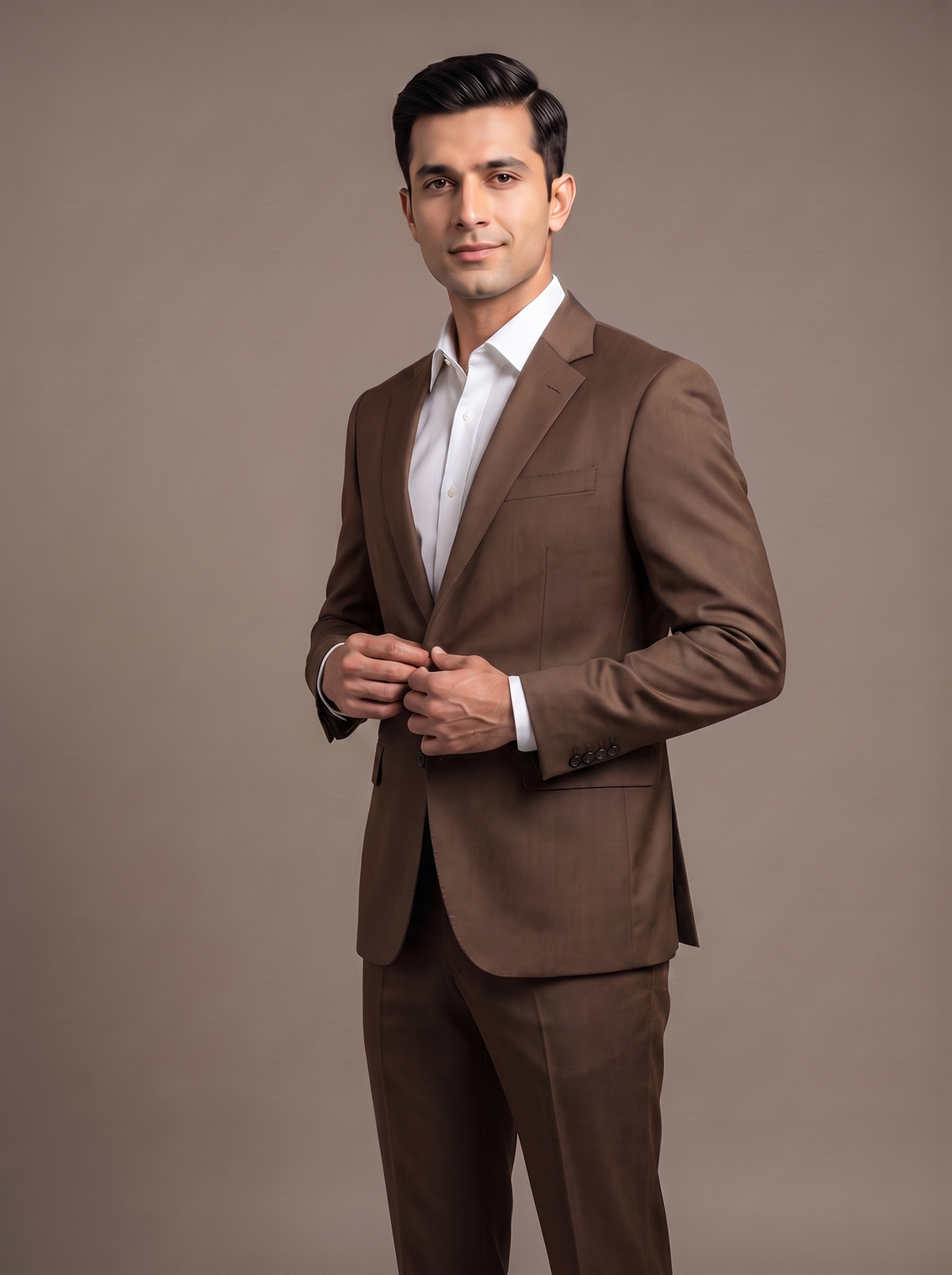 Tan Windowpane Check Two-Piece Suit - fabric detail closeup
