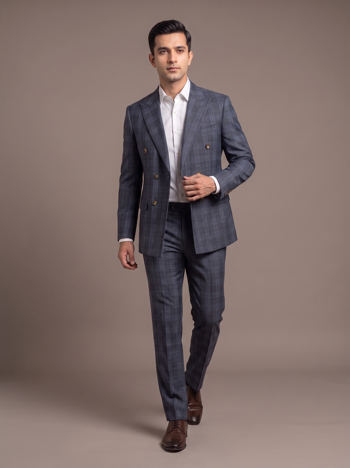 Charcoal Satin Double-Breasted Suit - walking