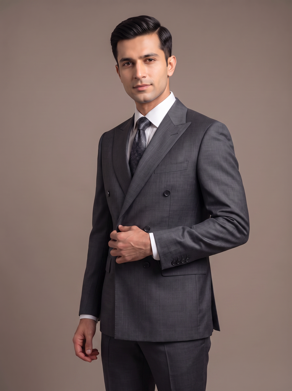 Onyx Satin Double-Breasted Suit - lapel detail closeup