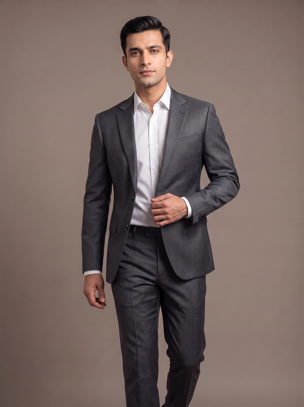 Heather Grey Flannel Two-Piece Suit - walking