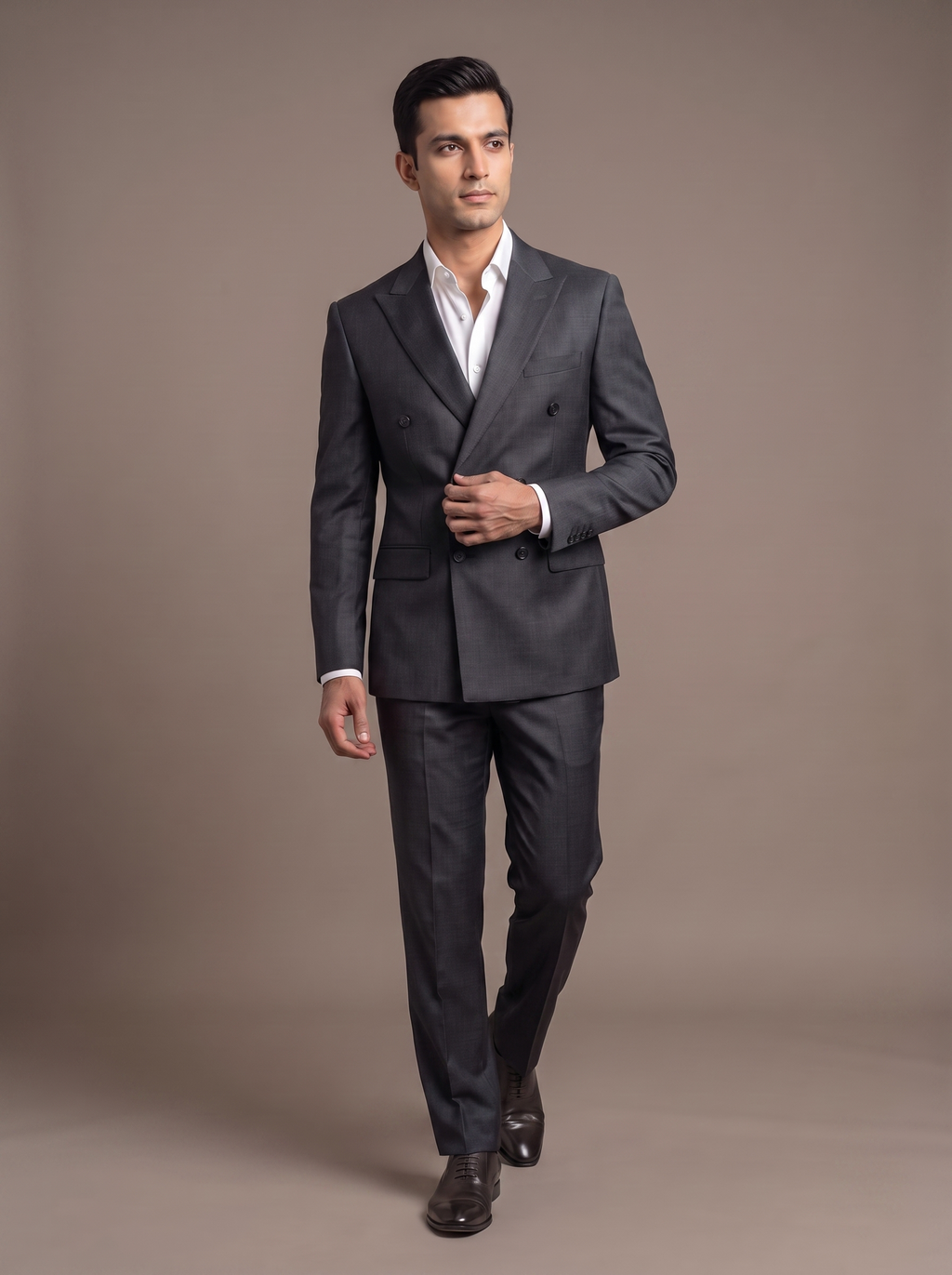 Graphite Satin Double-Breasted Suit - walking