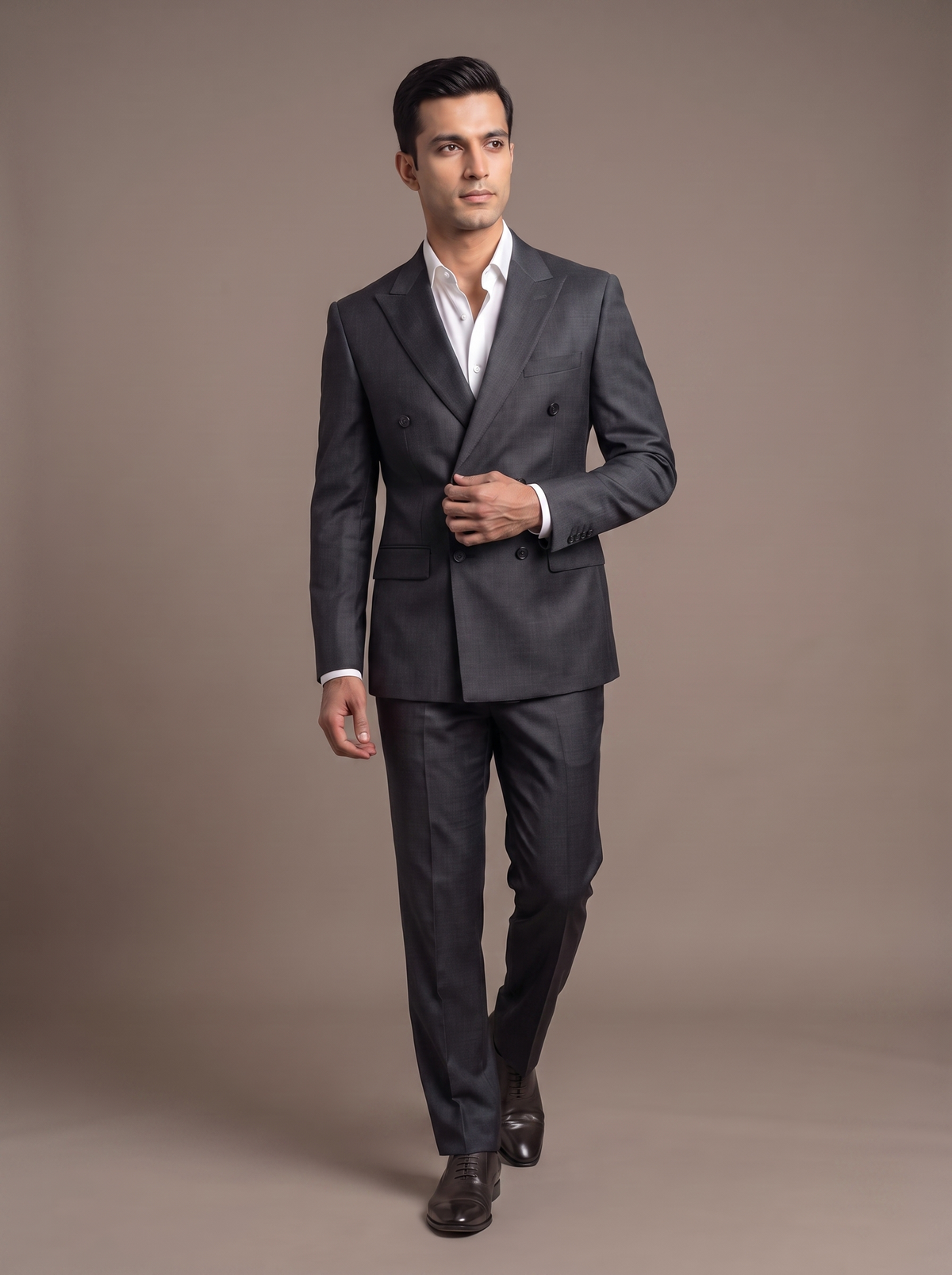 Graphite Satin Double-Breasted Suit - walking