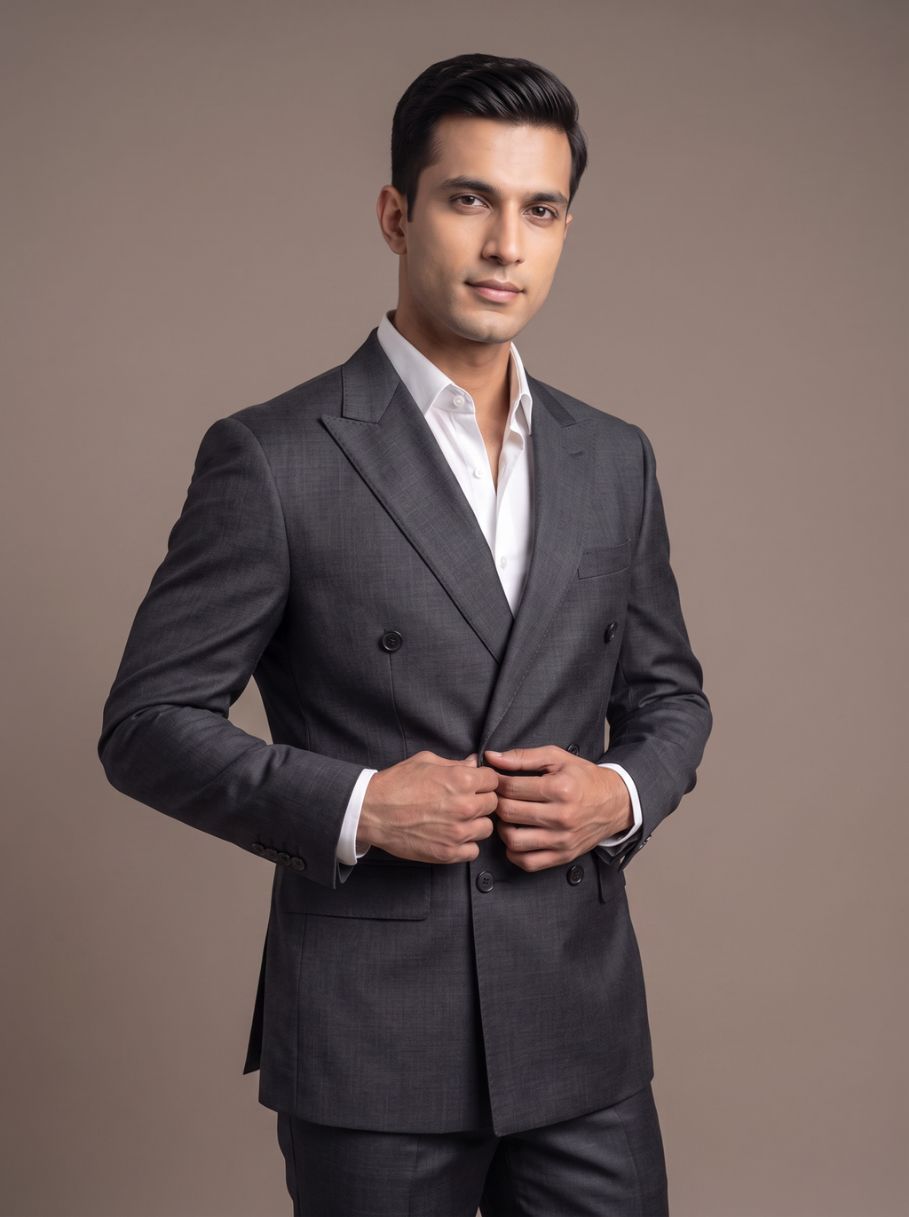 Graphite Satin Double-Breasted Suit - lapel detail closeup