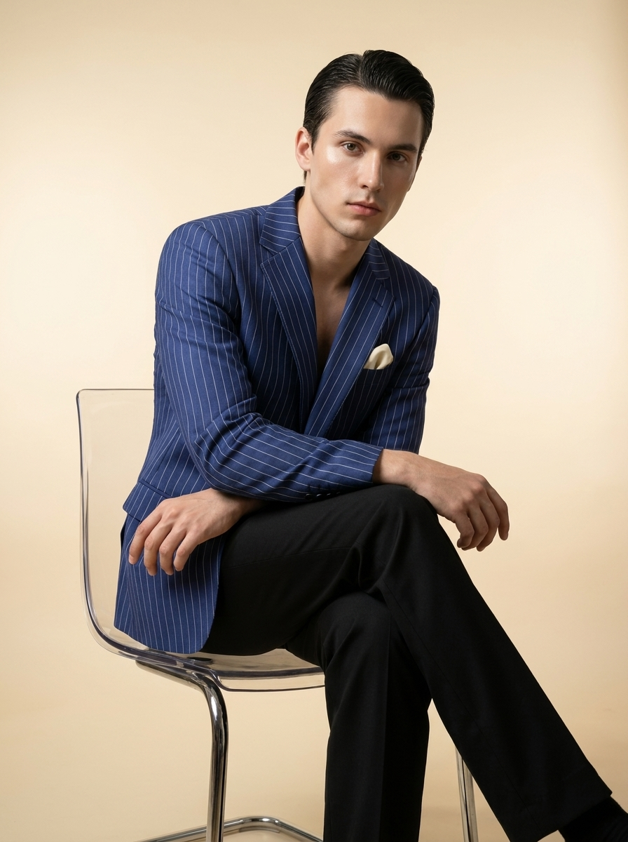 Navy Pinstripe Blazer - worn on model