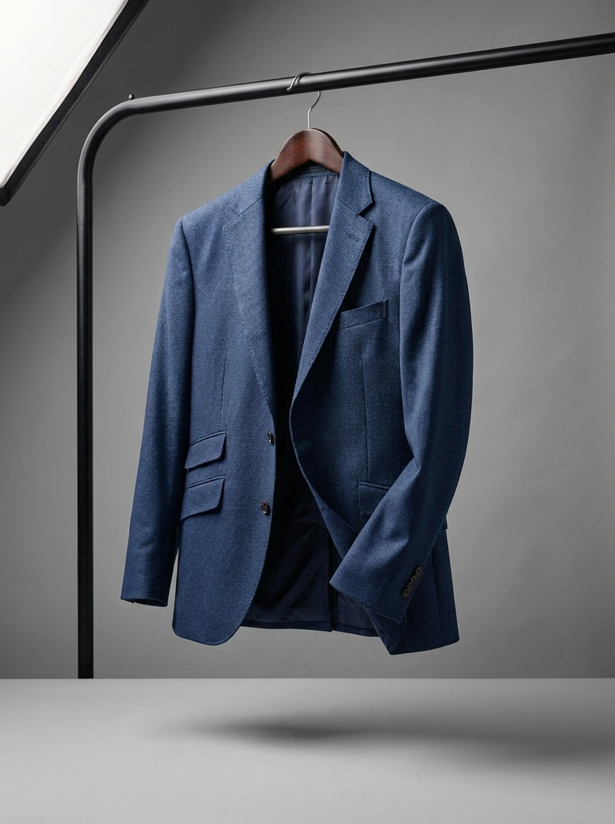 Blue Textured Weave Blazer - hanging angle view