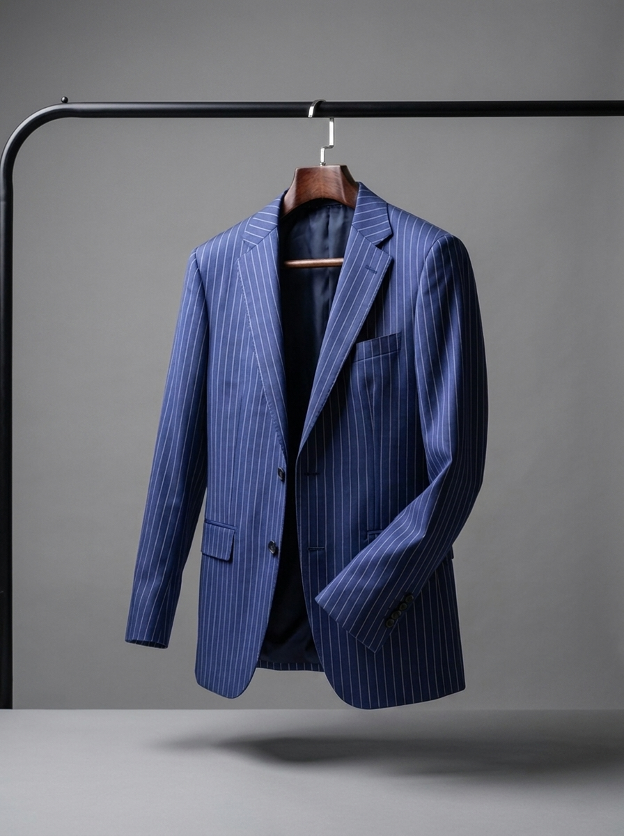 Navy Pinstripe Blazer - hanging angle view